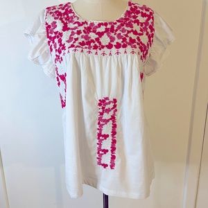 J. Marie Top, M, White w/Pink Embroidery Ruffled Sleeve Lined 100% Cotton